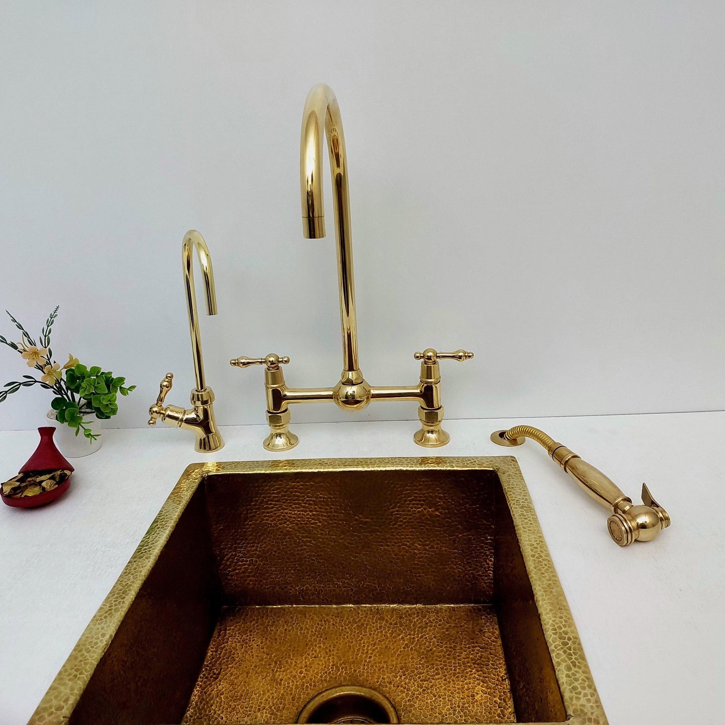 Unlacquered Brass Bridge Kitchen Faucet With Ball Center, Sprayer, Cold Water Tap, And Lever Handles - Ref: APL-5