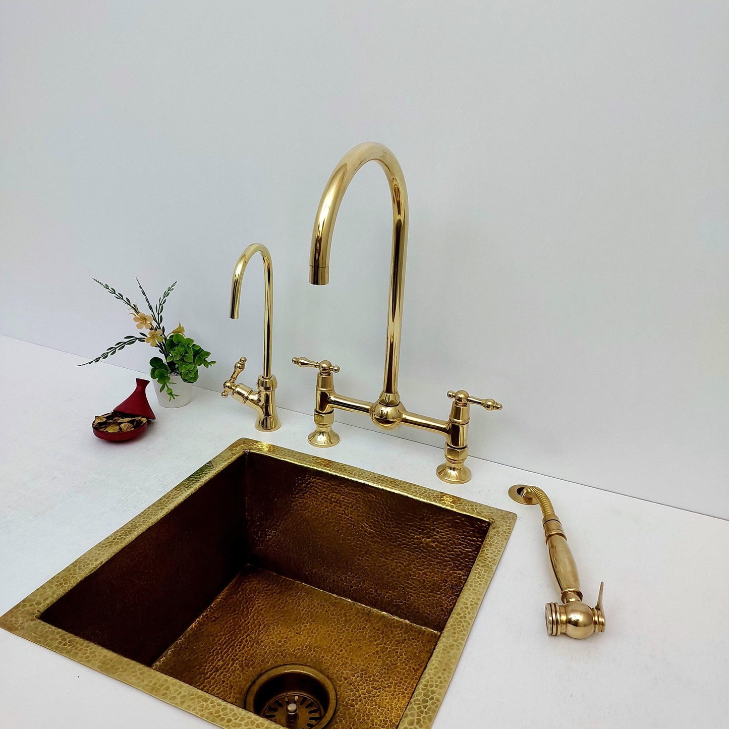 Unlacquered Brass Bridge Kitchen Faucet With Ball Center, Sprayer, Cold Water Tap, And Lever Handles - Ref: APL-5