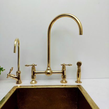 Unlacquered Brass Bridge Kitchen Faucet With Ball Center, Sprayer, Cold Water Tap, And Lever Handles - Ref: APL-5