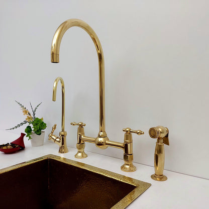 Unlacquered Brass Bridge Kitchen Faucet With Ball Center, Sprayer, Cold Water Tap, And Lever Handles - Ref: APL-5