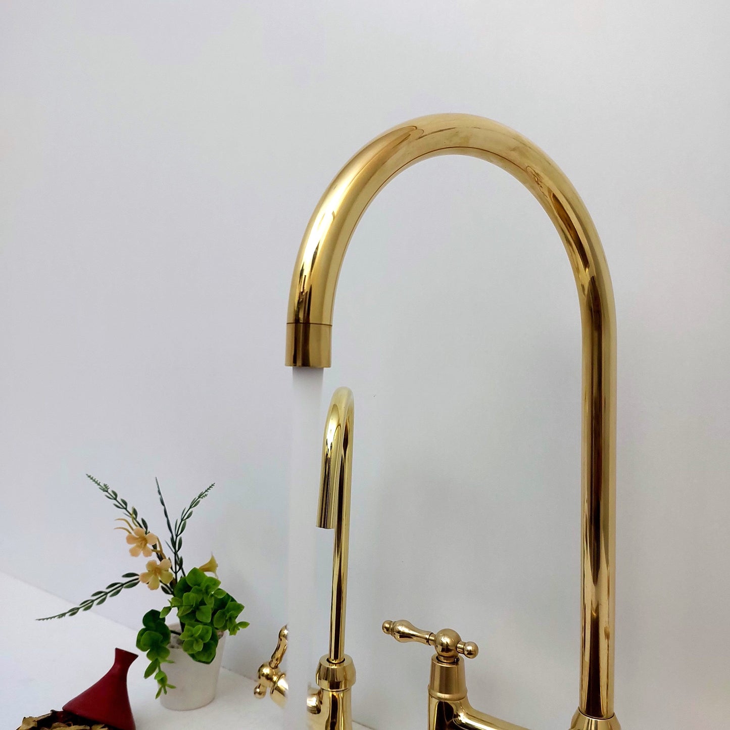 Unlacquered Brass Bridge Kitchen Faucet With Ball Center, Sprayer, Cold Water Tap, And Lever Handles - Ref: APL-5