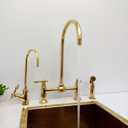 Unlacquered Brass Bridge Kitchen Faucet With Ball Center, Sprayer, Cold Water Tap, And Lever Handles - Ref: APL-5