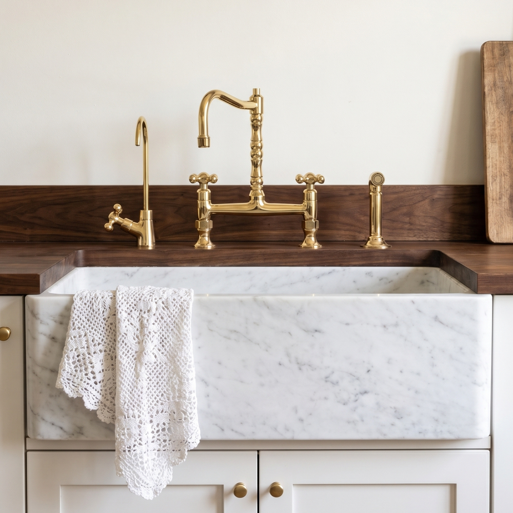 Zayan unlacquered brass bridge kitchen faucet — hero view
