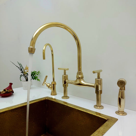 Unlacquered Brass Bridge Kitchen Faucet With Sprayer and Lever Handles - 8" Spread - Ref: APL-3