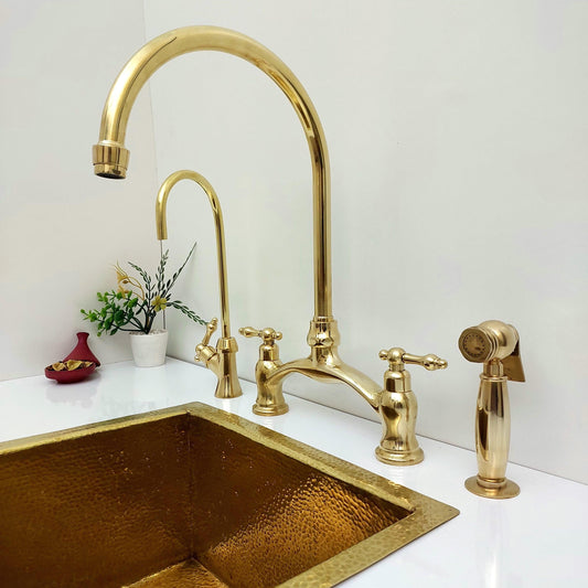 Unlacquered Brass Bridge Kitchen Faucet With Sprayer, Cold Water Tap, and Lever Handles - Ref: APL-1