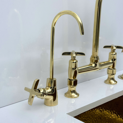 Unlacquered Brass Bridge Kitchen Faucet with Sprayer and Drinking Water Tap - UBCBF015