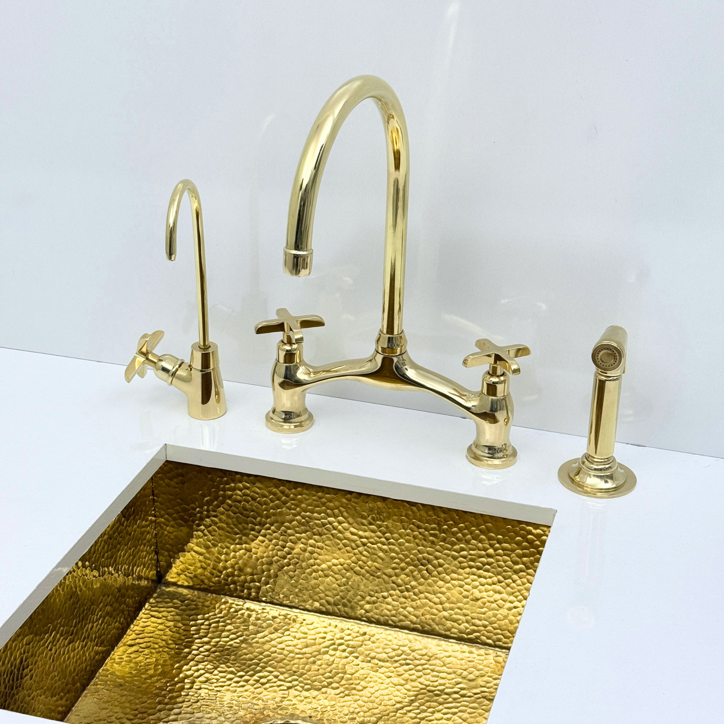 Unlacquered Brass Bridge Kitchen Faucet with Sprayer and Drinking Water Tap - UBCBF020