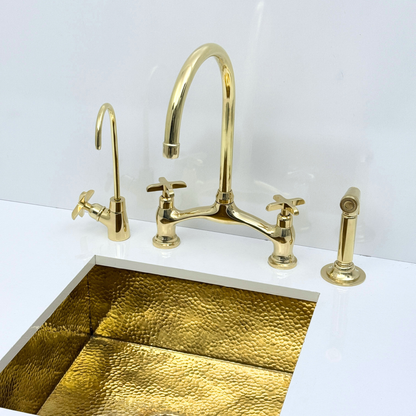 Unlacquered Brass Bridge Kitchen Faucet with Sprayer and Drinking Water Tap - UBCBF020