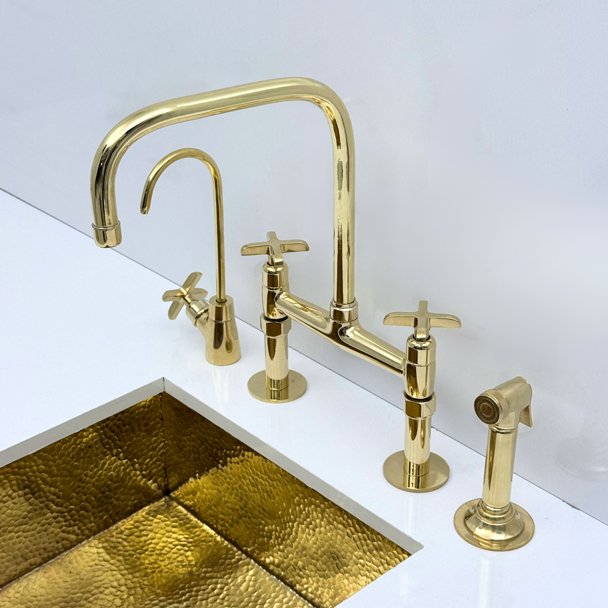 Unlacquered Brass Bridge Kitchen Faucet with Sprayer and Drinking Water Tap