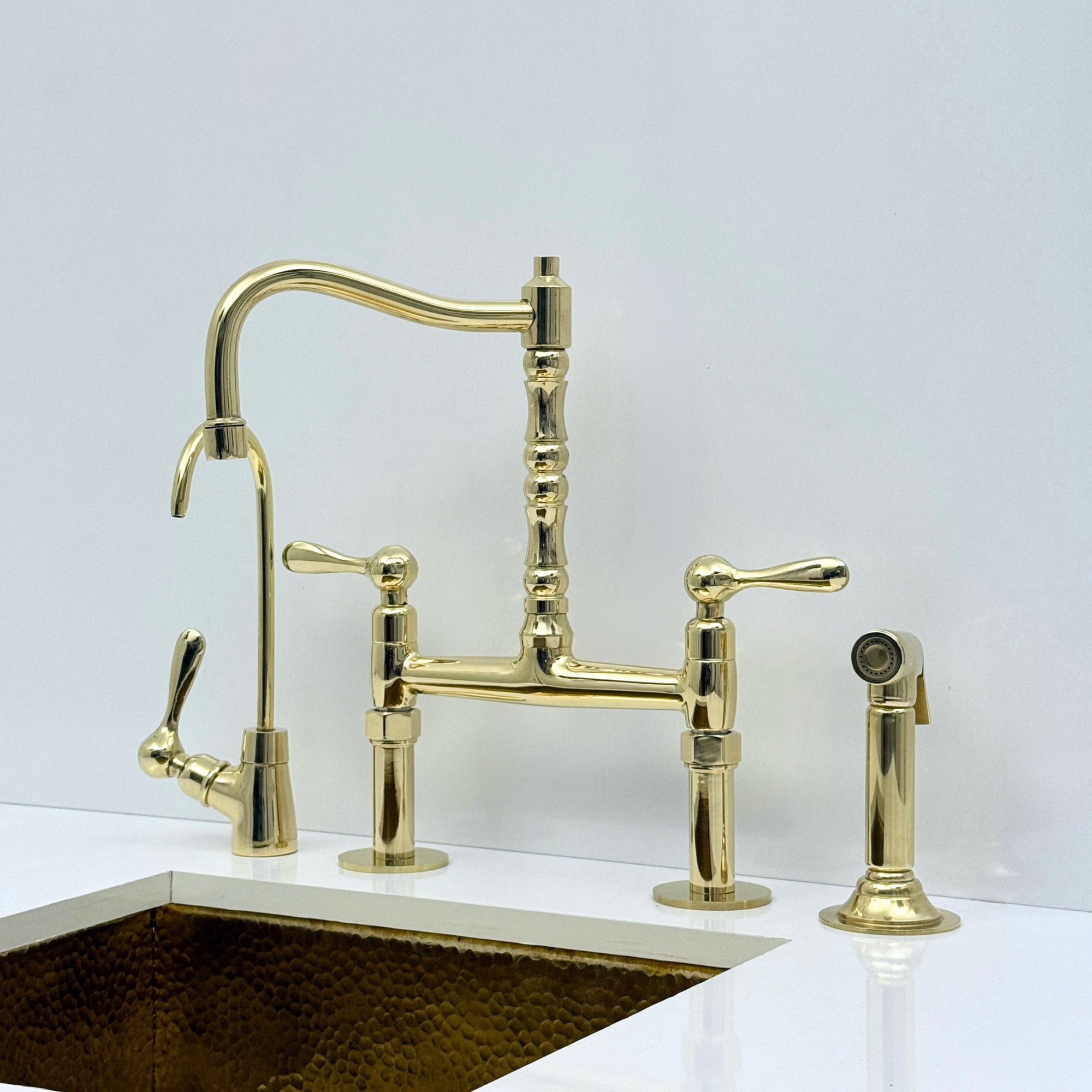 Unlacquered Brass Bridge Kitchen Faucet with Sprayer and Drinking Water Tap