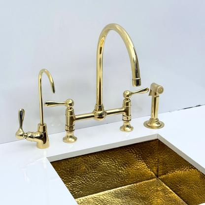 Unlacquered Brass Bridge Kitchen Faucet with Sprayer and Drinking Water Tap - UBLBF011