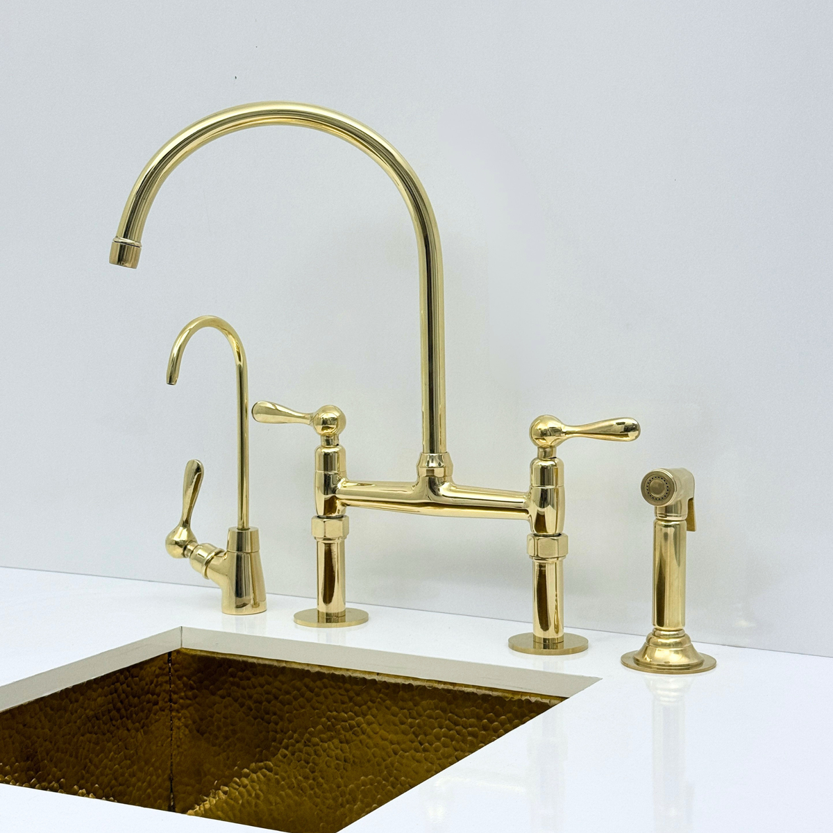 Unlacquered Brass Bridge Kitchen Faucet with Sprayer and Drinking Water Faucet