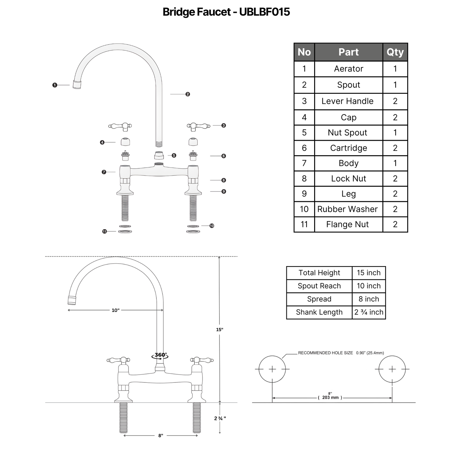 Unlacquered Brass Bridge Kitchen Faucet with Sprayer and Drinking Water Tap - UBLBF015