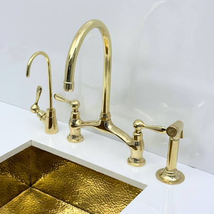 Unlacquered Brass Bridge Kitchen Faucet with Sprayer and Drinking Water Tap - UBLBF020