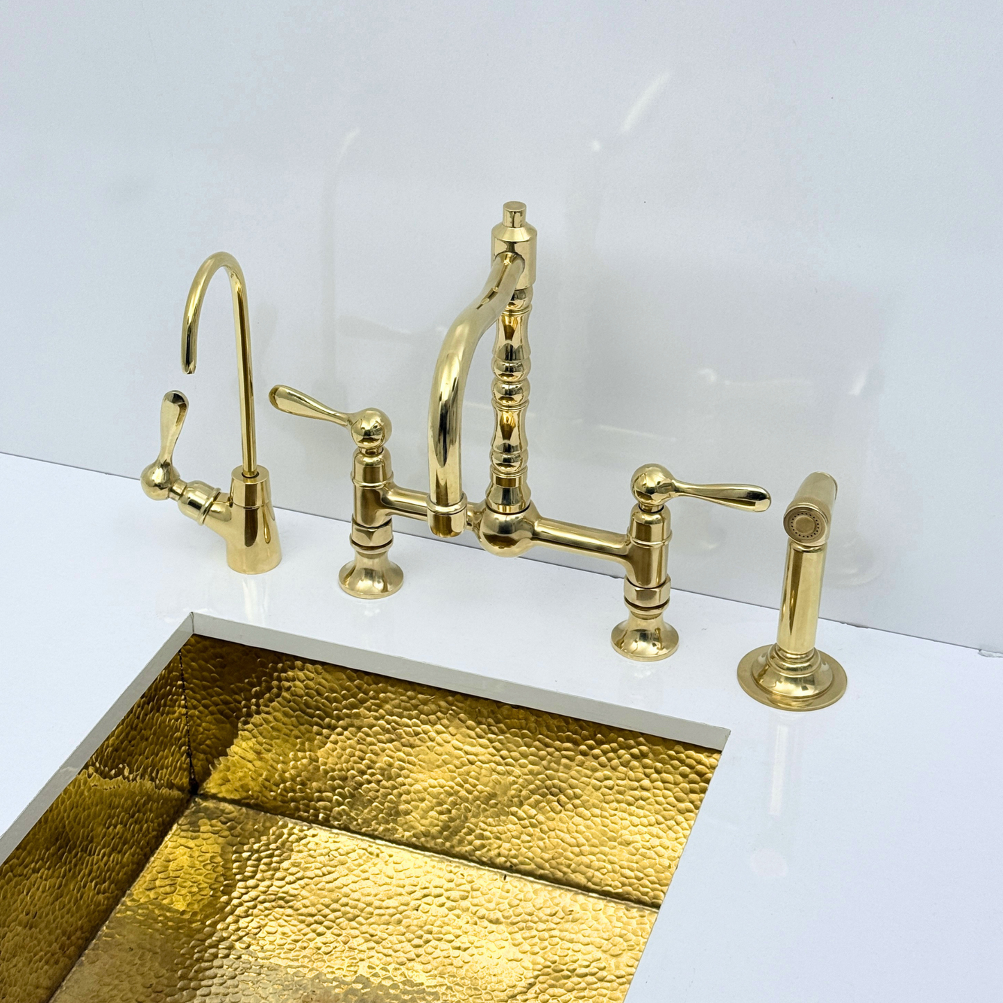 Unlacquered Brass Bridge Kitchen Faucet with Sprayer and Drinking Water Tap - UBLBF012