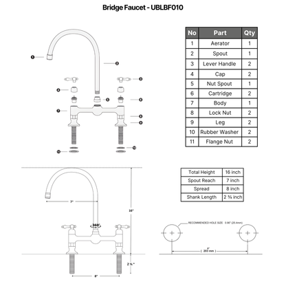 Muna Line - Unlacquered Brass Bridge Kitchen Faucet