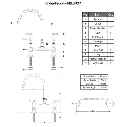 Unlacquered Brass Bridge Kitchen Faucet with Sprayer and Drinking Water Tap - UBLBF014