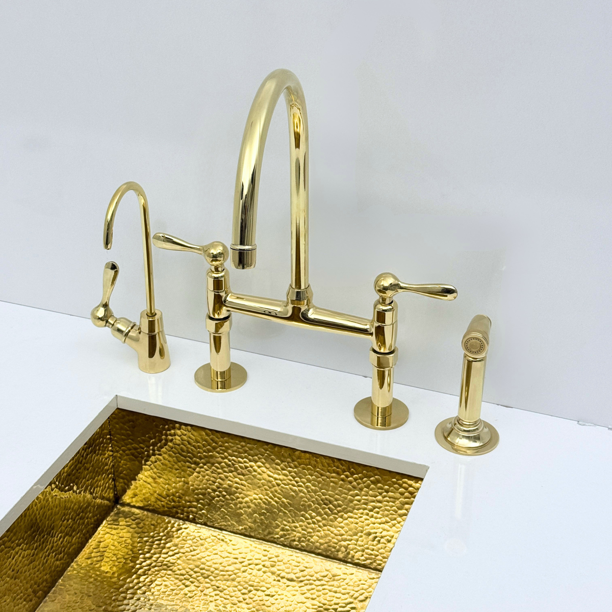 Unlacquered Brass Bridge Kitchen Faucet with Sprayer and Drinking Water Faucet
