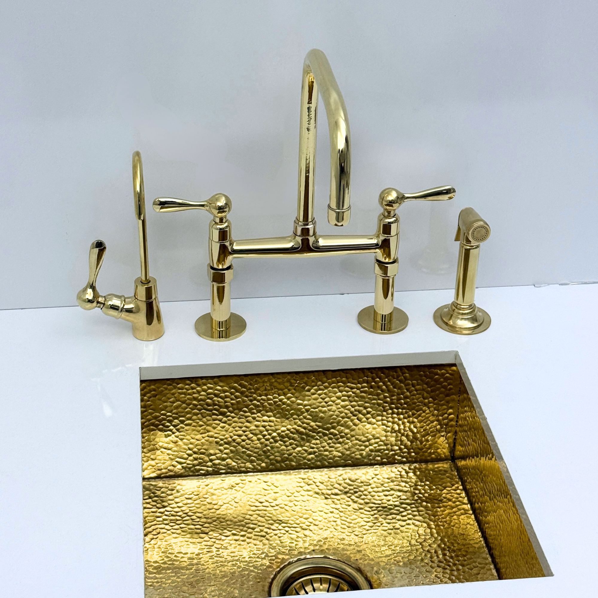 Unlacquered Brass Bridge Kitchen Faucet with Sprayer, Drinking Water Faucet