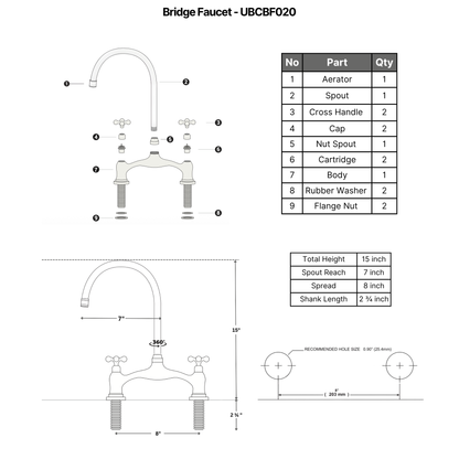 Unlacquered Brass Bridge Kitchen Faucet with Sprayer and Drinking Water Tap - UBCBF020