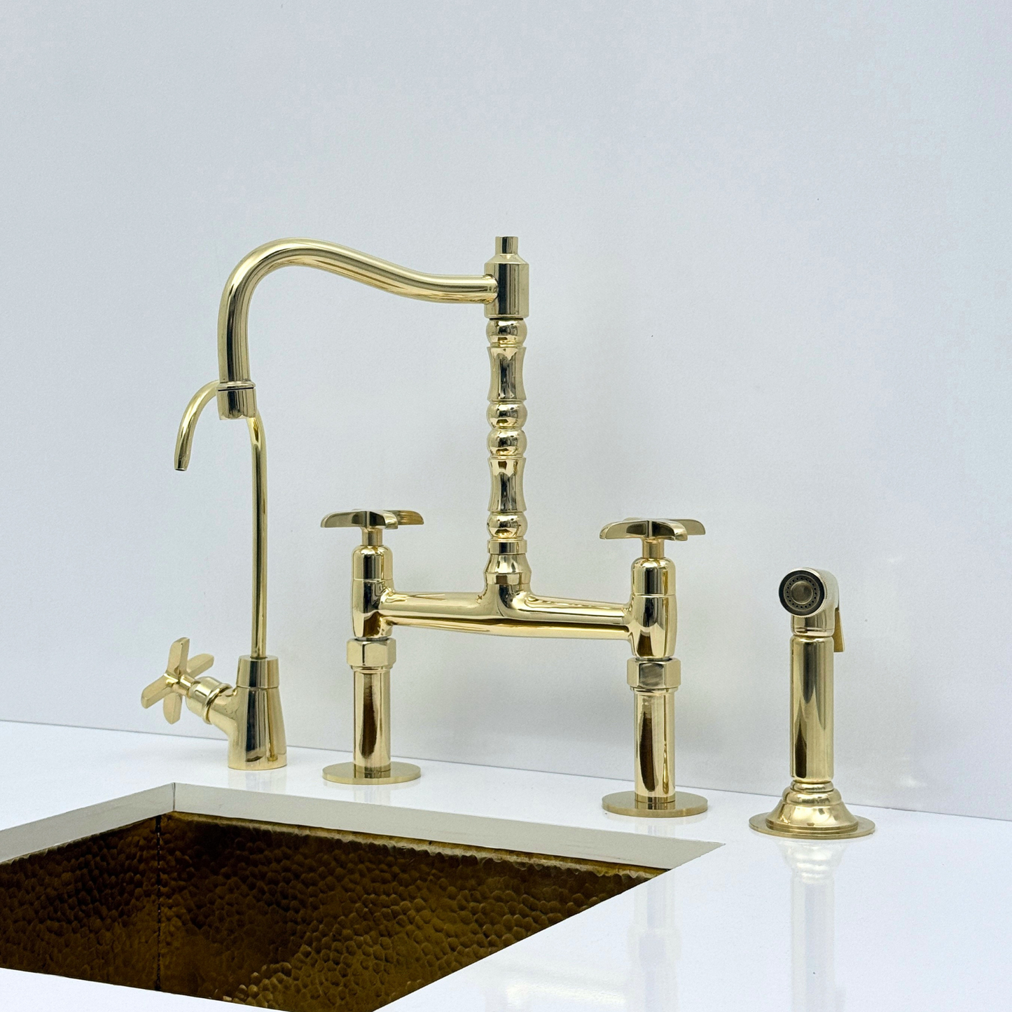 Unlacquered Brass Bridge Kitchen Faucet with Sprayer and Drinking Water Tap - UBCBF002