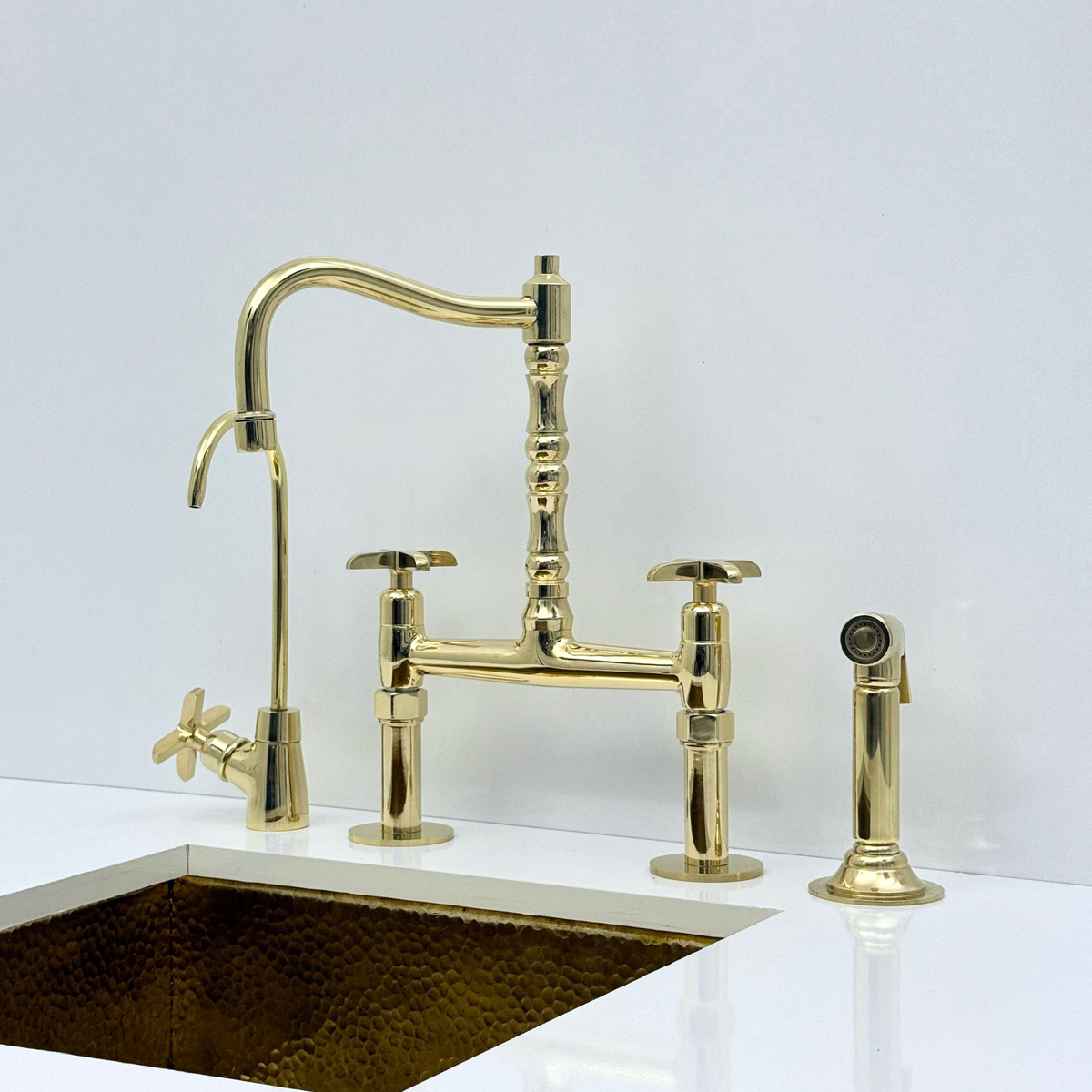 Unlacquered Brass Bridge Kitchen Faucet with Sprayer and Drinking Water Tap