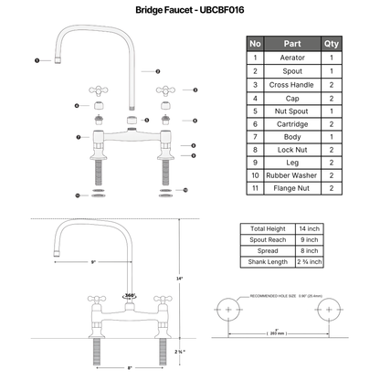 Volta - Unlacquered Brass Bridge Kitchen Faucet