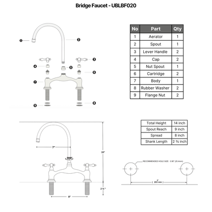 Unlacquered Brass Bridge Kitchen Faucet with Sprayer and Drinking Water Tap - UBLBF020