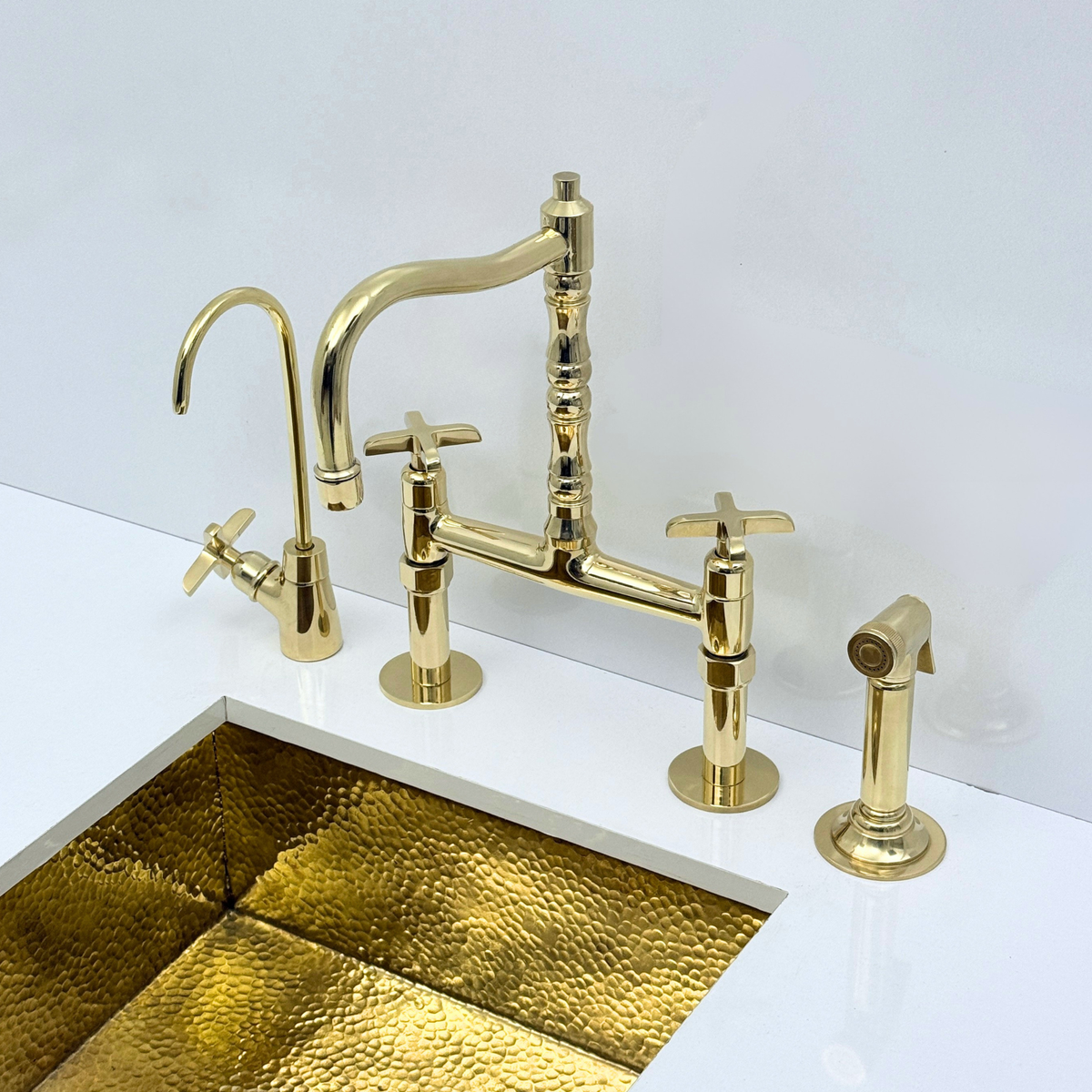 Unlacquered Brass Bridge Kitchen Faucet with Sprayer and Drinking Water Tap