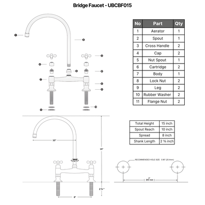 Unlacquered Brass Bridge Kitchen Faucet with Sprayer and Drinking Water Tap - UBCBF015