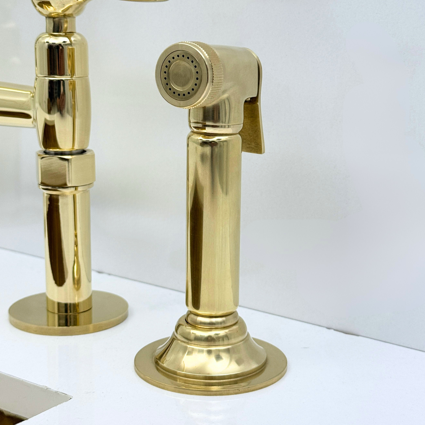 Unlacquered Brass Bridge Kitchen Faucet with Sprayer and Drinking Water Faucet
