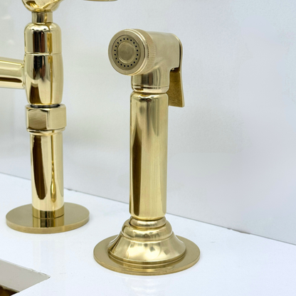 Unlacquered Brass Bridge Kitchen Faucet with Sprayer and Drinking Water Faucet