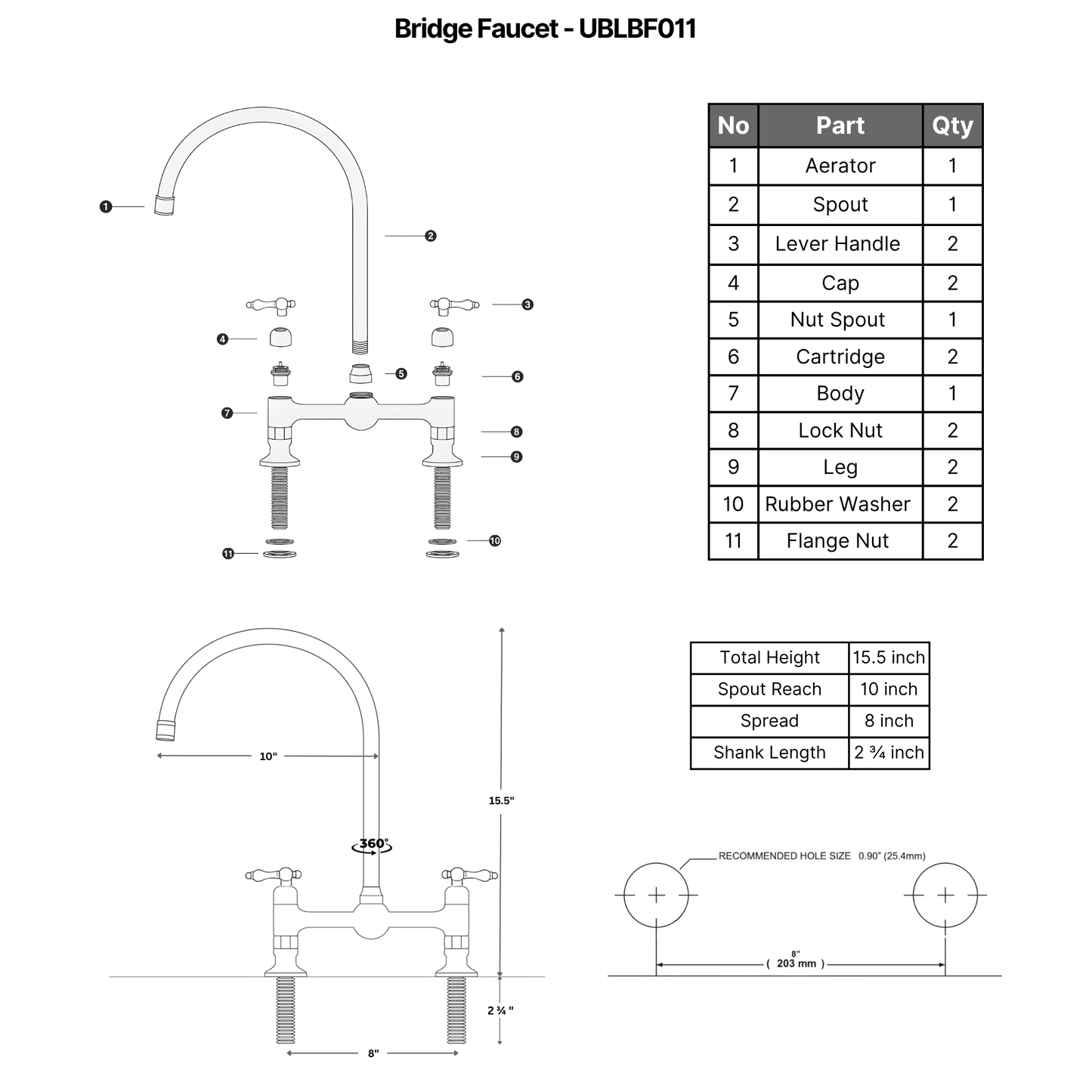 Unlacquered Brass Bridge Kitchen Faucet with Sprayer and Drinking Water Tap - UBLBF011