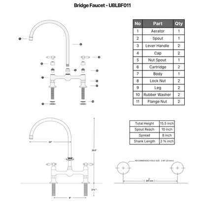 Unlacquered Brass Bridge Kitchen Faucet with Sprayer and Drinking Water Tap - UBLBF011