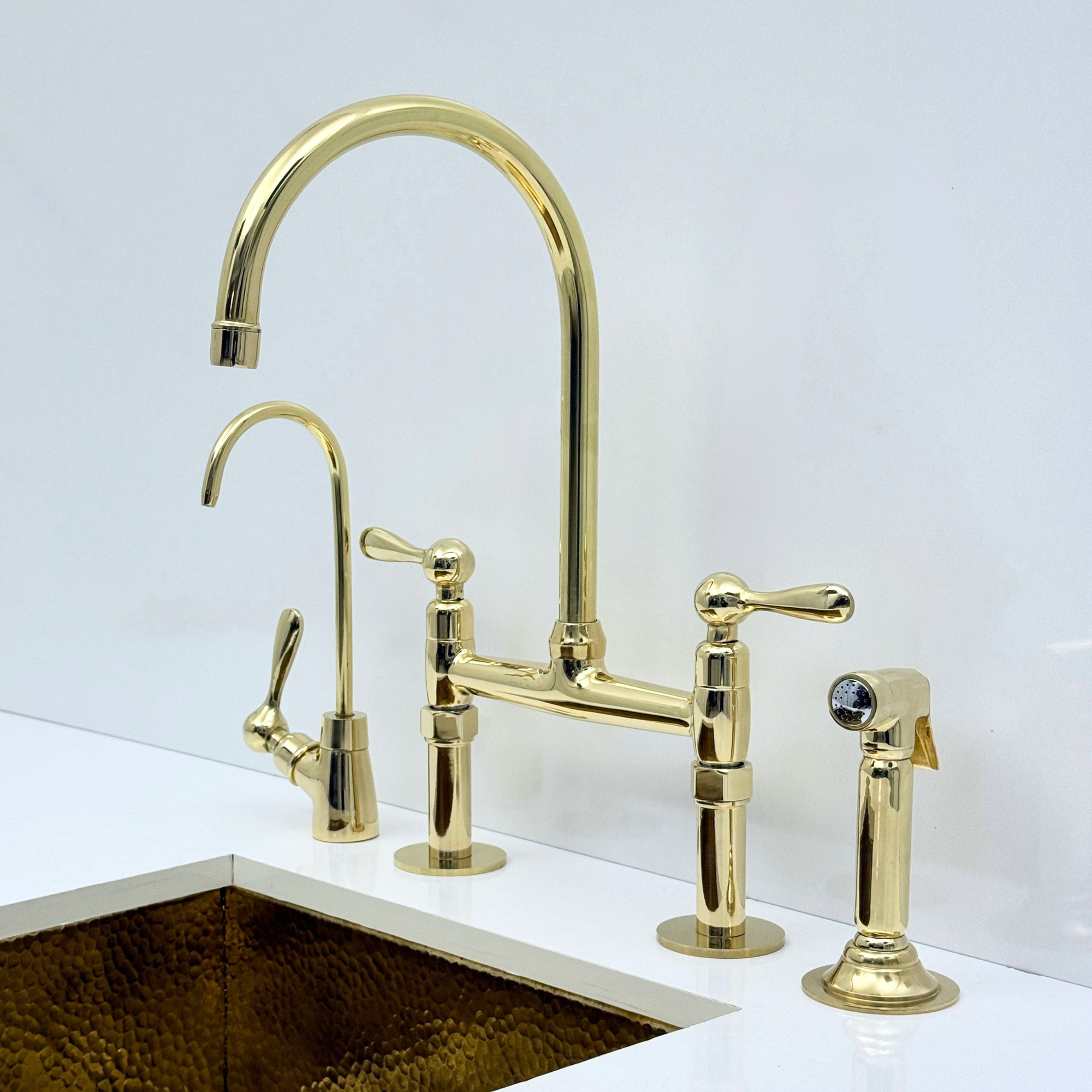 Unlacquered Brass Bridge Kitchen Faucet with Sprayer and Drinking Water Faucet