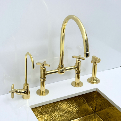 Unlacquered Brass Bridge Kitchen Faucet with Sprayer and Drinking Water Tap - UBCBF008