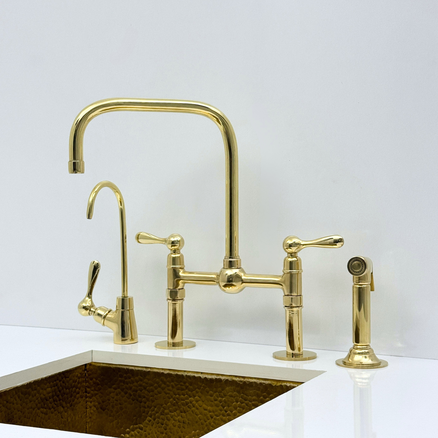Unlacquered Brass Bridge Kitchen Faucet with Sprayer and Drinking Water Tap - UBLBF018