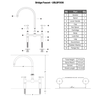 Unlacquered Brass Bridge Kitchen Faucet with Sprayer and Drinking Water Tap - UBLBF008