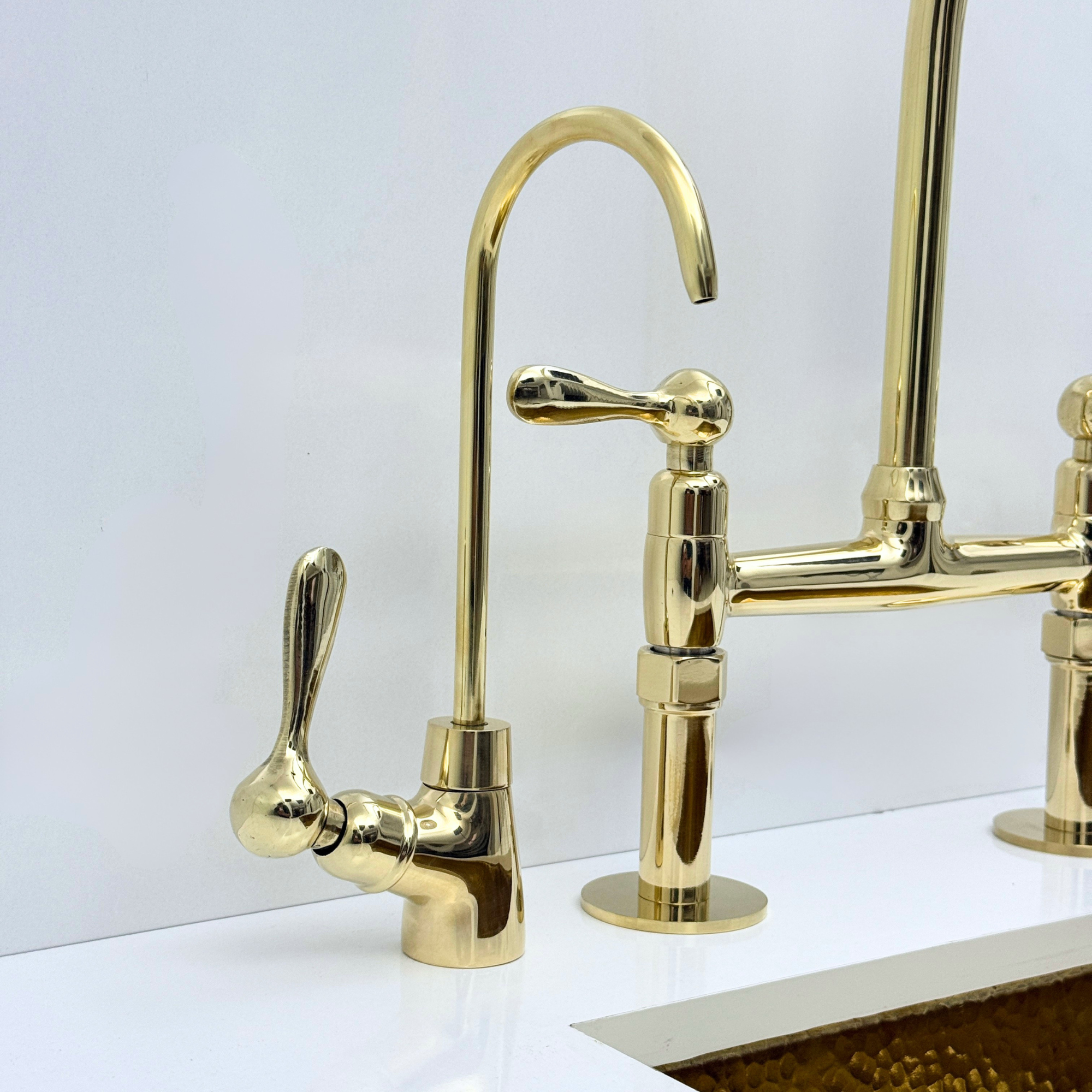 Unlacquered Brass Bridge Kitchen Faucet with Sprayer and Drinking Water Faucet