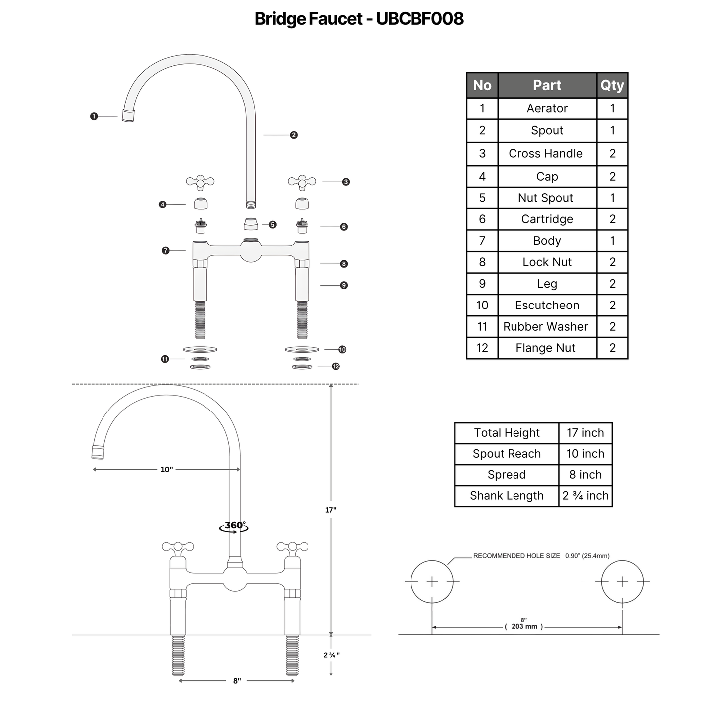 Unlacquered Brass Bridge Kitchen Faucet with Sprayer and Drinking Water Tap - UBCBF008