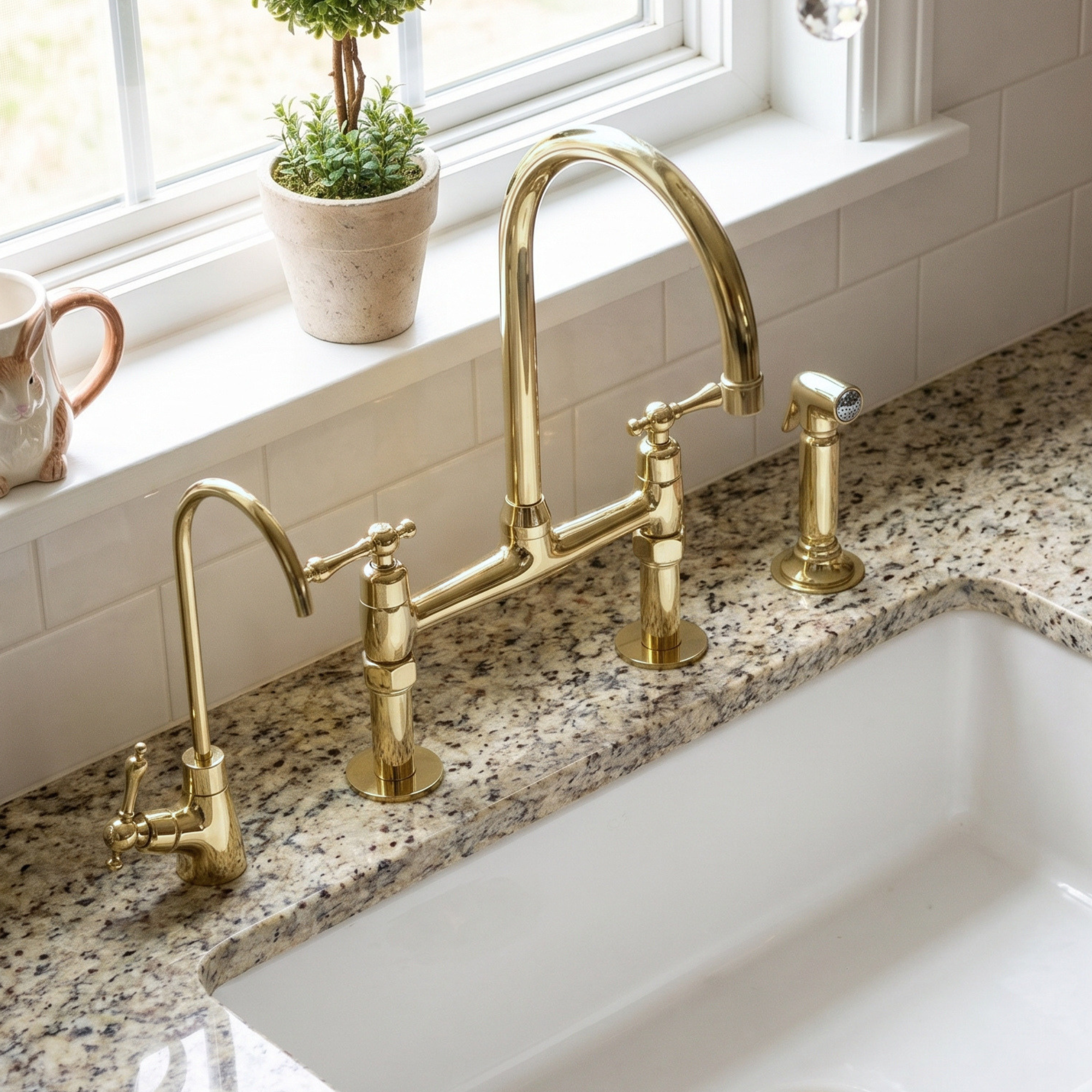Unlacquered Brass Bridge Kitchen Faucet with Sprayer and Drinking Water Faucet
