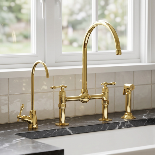 Unlacquered Brass Bridge Kitchen Faucet with Sprayer and Drinking Water Tap - UBLBF008