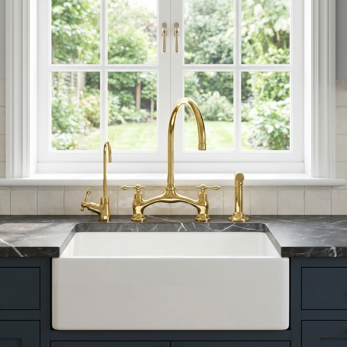 Unlacquered Brass Bridge Kitchen Faucet with Sprayer and Drinking Water Tap - UBLBF020