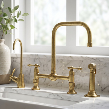 Unlacquered Brass Bridge Kitchen Faucet with Sprayer and Drinking Water Tap - UBLBF017