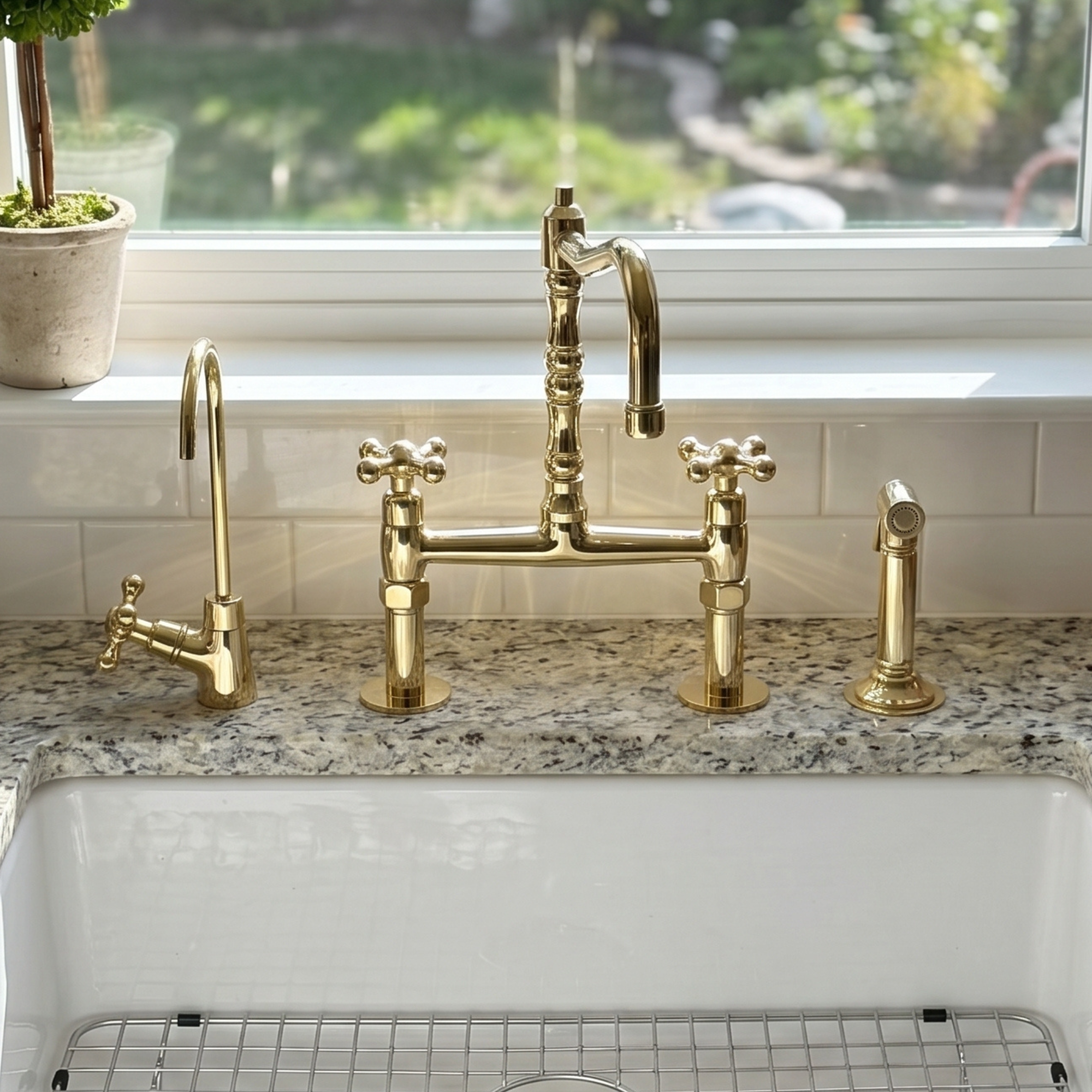 Unlacquered Brass Bridge Kitchen Faucet with Sprayer and Drinking Water Tap