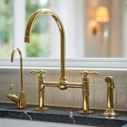 Unlacquered Brass Bridge Kitchen Faucet with Sprayer and Drinking Water Tap - UBLBF013