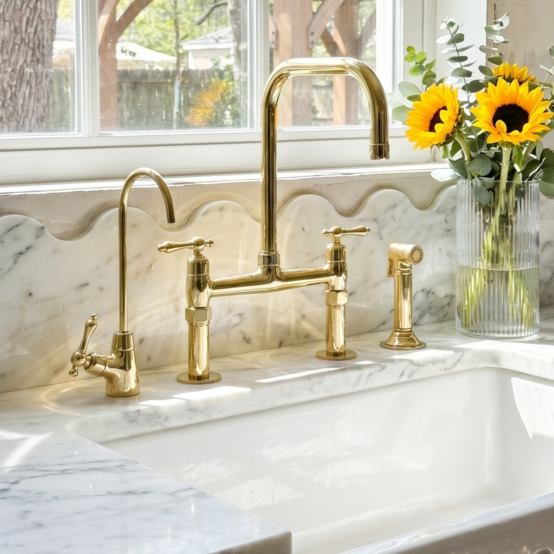 Unlacquered Brass Bridge Kitchen Faucet with Sprayer, Drinking Water Faucet
