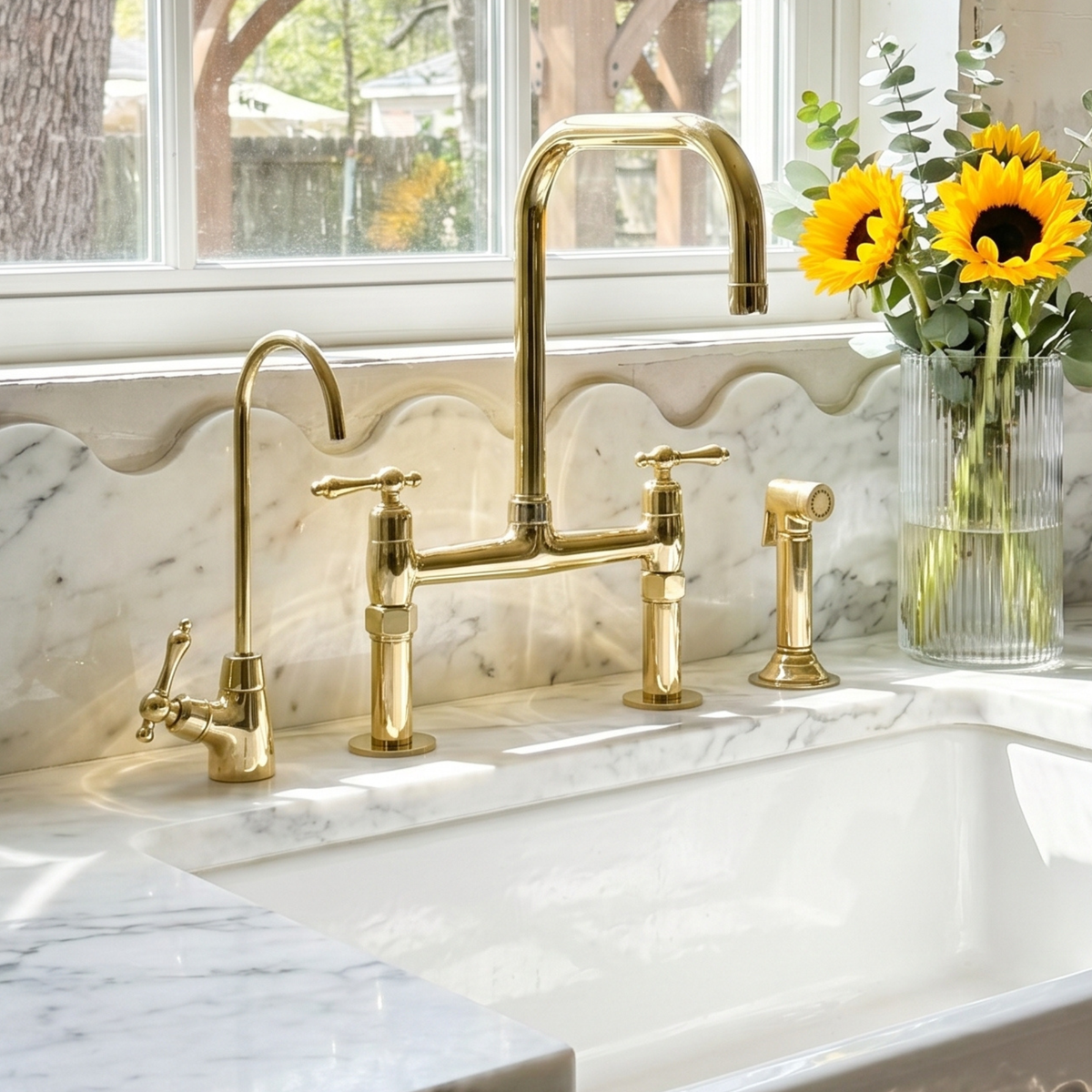 Unlacquered Brass Bridge Kitchen Faucet with Sprayer, Drinking Water Faucet