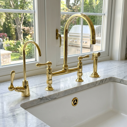 Unlacquered Brass Bridge Kitchen Faucet with Sprayer and Drinking Water Tap - UBLBF014