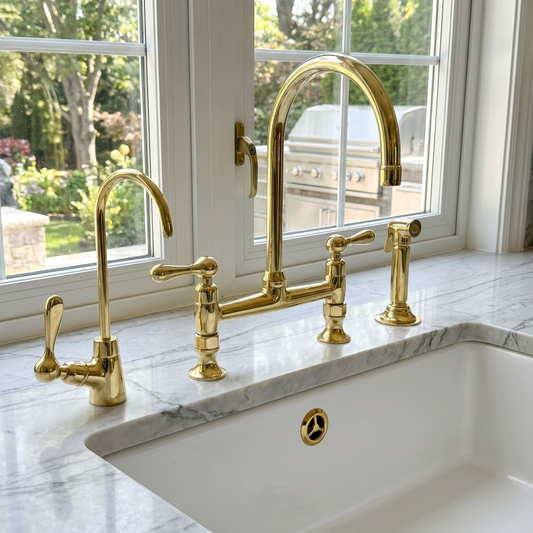 Unlacquered Brass Bridge Kitchen Faucet with Sprayer and Drinking Water Tap - UBLBF014